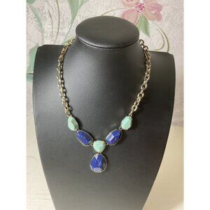 Dana Buchman Necklace Blue and Teal Faux Turquoise Gold Toned Metal Y Drop